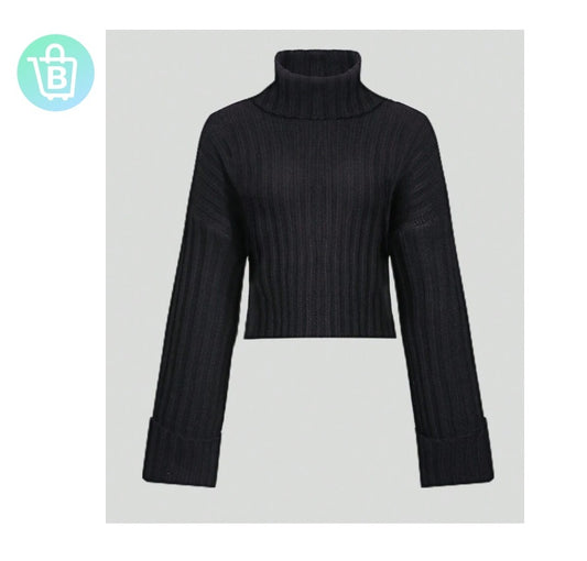 Flirla Women High Neck Solid Color Shoulder Sweater